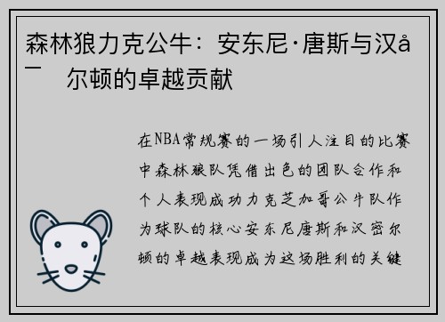 森林狼力克公牛：安东尼·唐斯与汉密尔顿的卓越贡献
